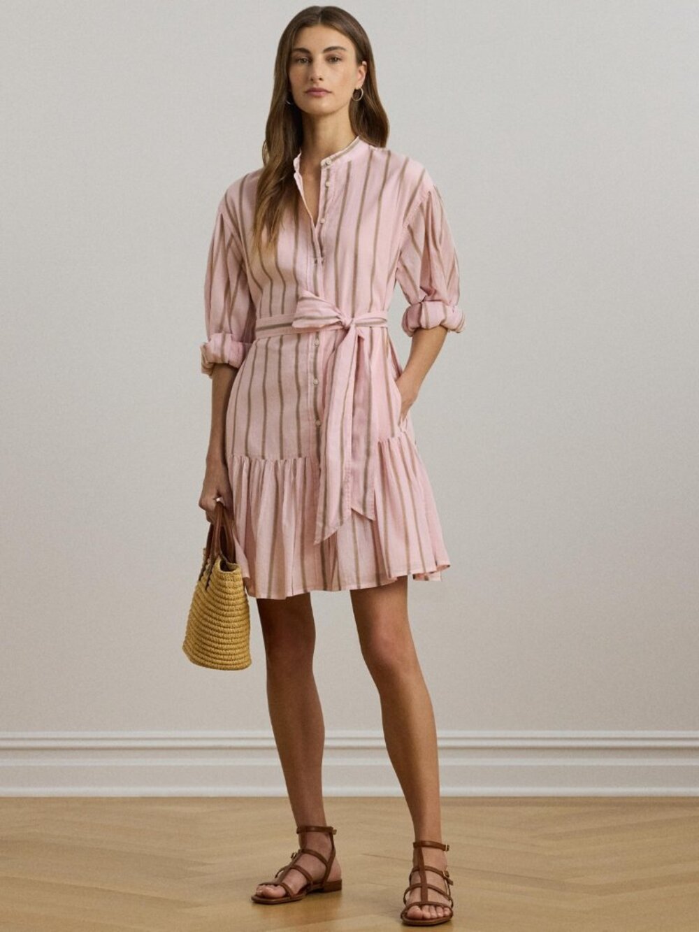 Lauren Ralph Lauren Striped Voile Blouson Sleeve Shirtdress Dress Rose Blush - Picture 7 of 7